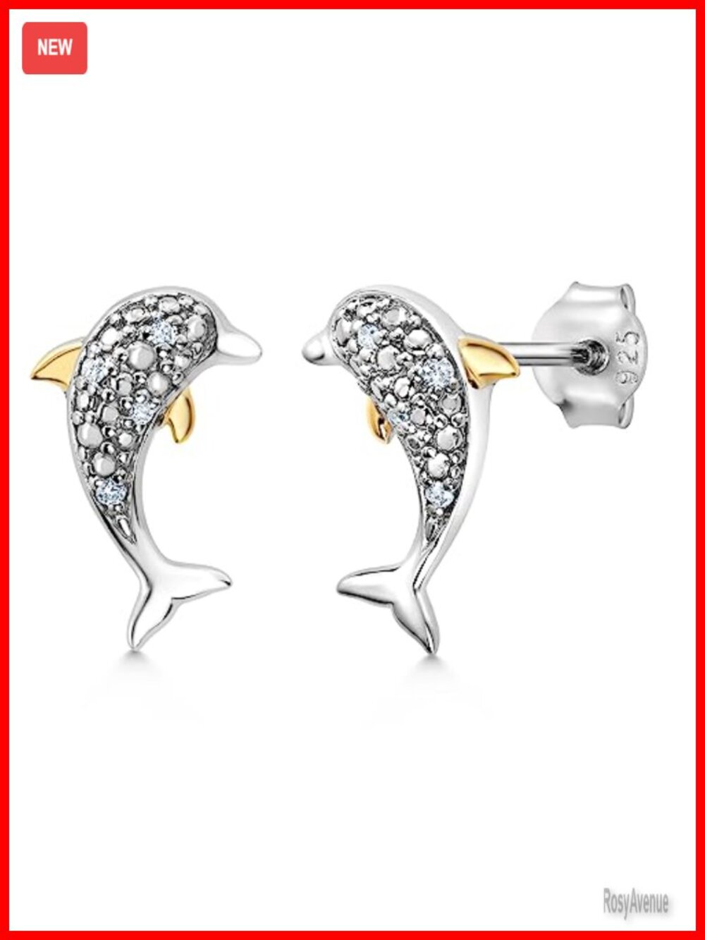 Lab Grown Diamond Dolphin Stud Earrings 925 Sterling Silver 10K Yellow Gold